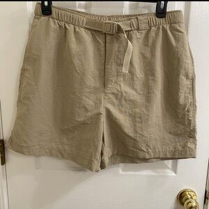 LANDS’ END Nylon Belted Hiking Swim Shorts Tan Khaki 5” Inseam Cargo Style large